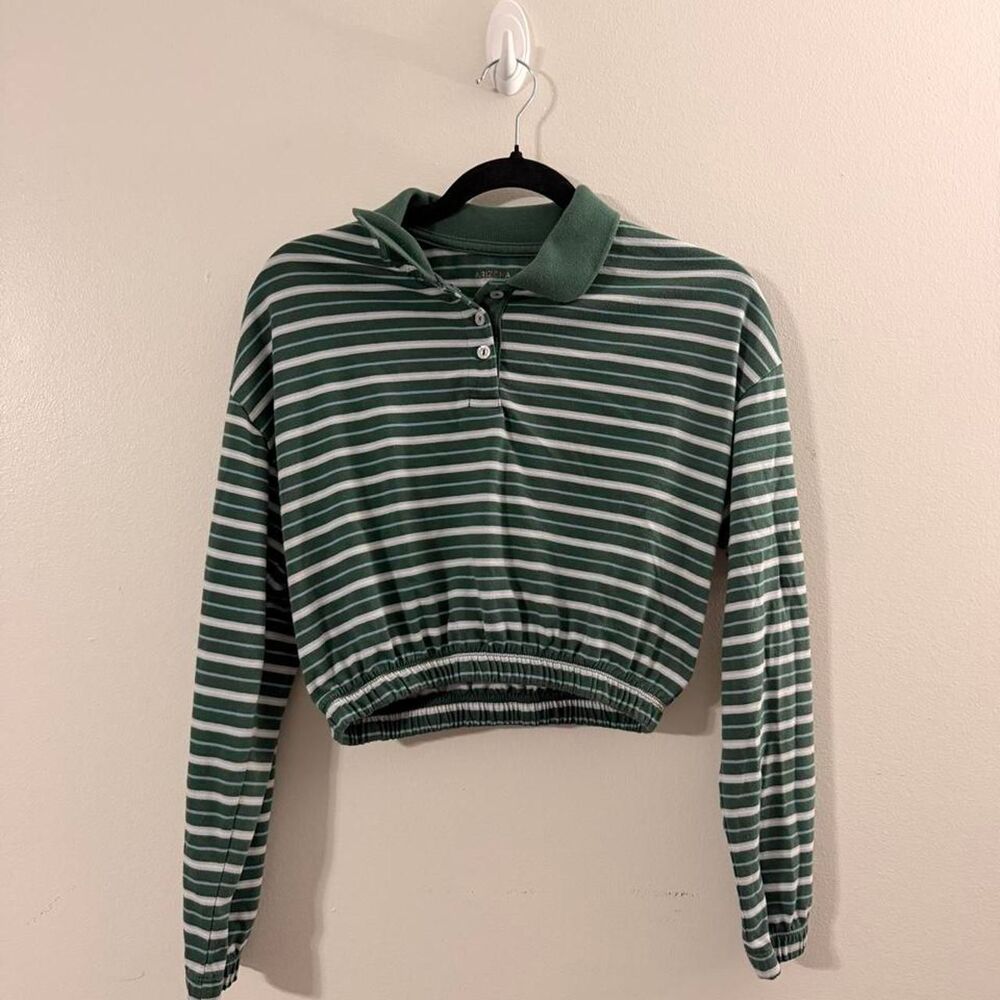RETRO Arizona Jean Co green white stripe crop polo top, Size S 🌿